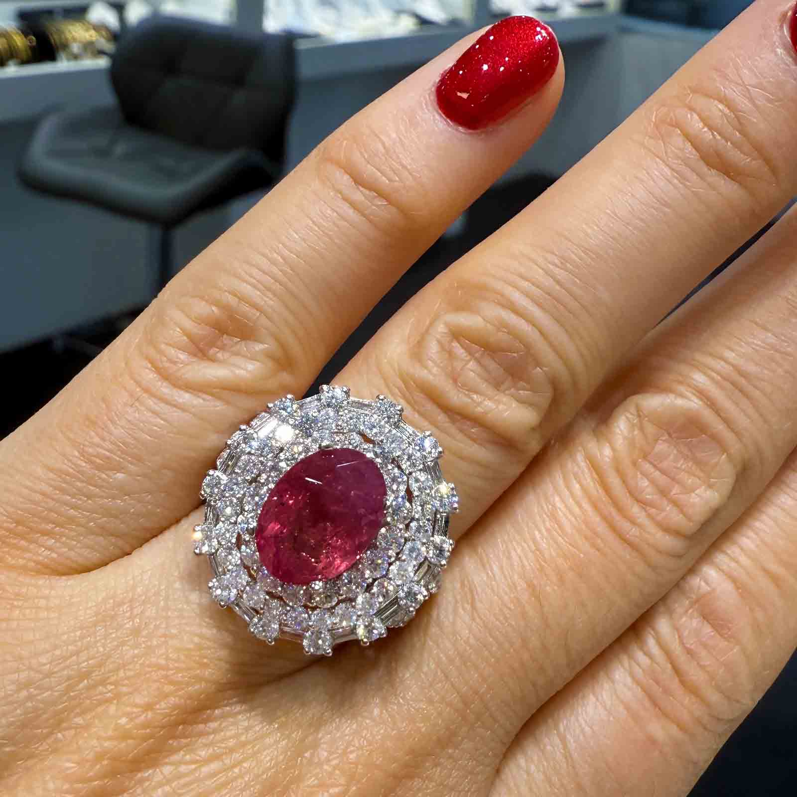 4.30 CT natural unheated ruby ring with 2.62 CT diamonds in 18K white gold.