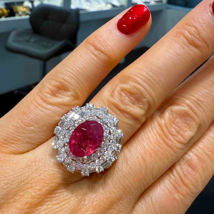 4.30 CT natural unheated ruby ring with 2.62 CT diamonds in 18K white gold.