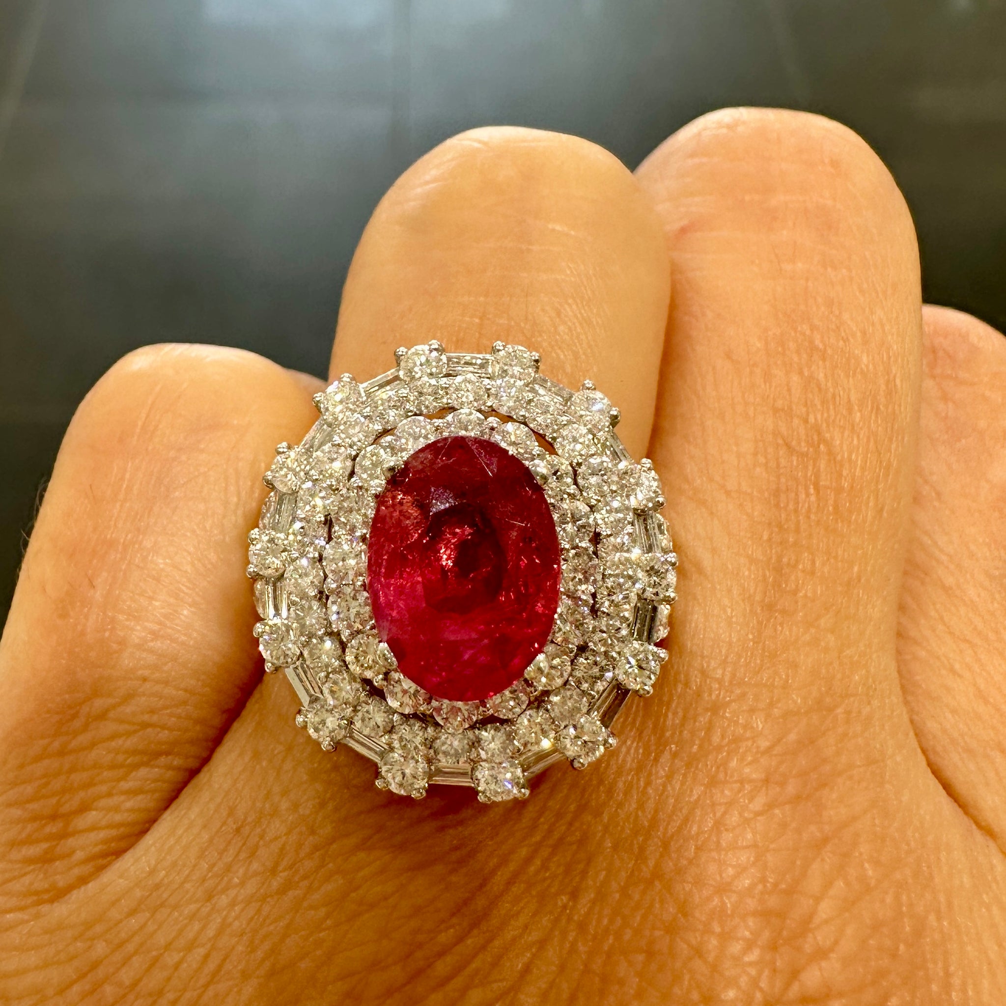 Unheated oval ruby ring with diamonds in 18K white gold