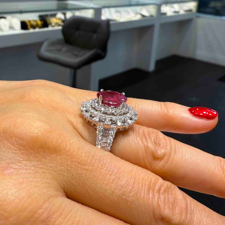 4.30 CT natural unheated ruby ring with 2.62 CT diamonds in 18K white gold.