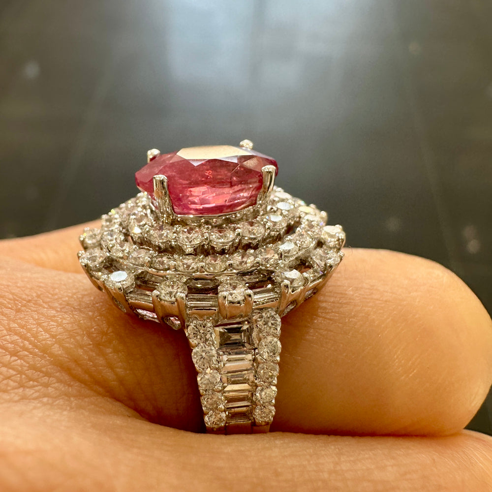 Unheated oval ruby ring with diamonds in 18K white gold