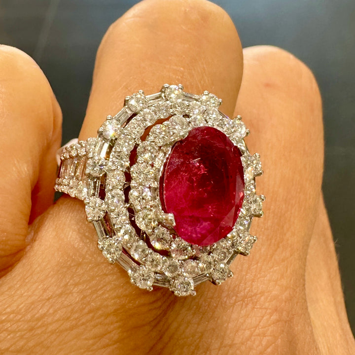 Unheated oval ruby ring with diamonds in 18K white gold