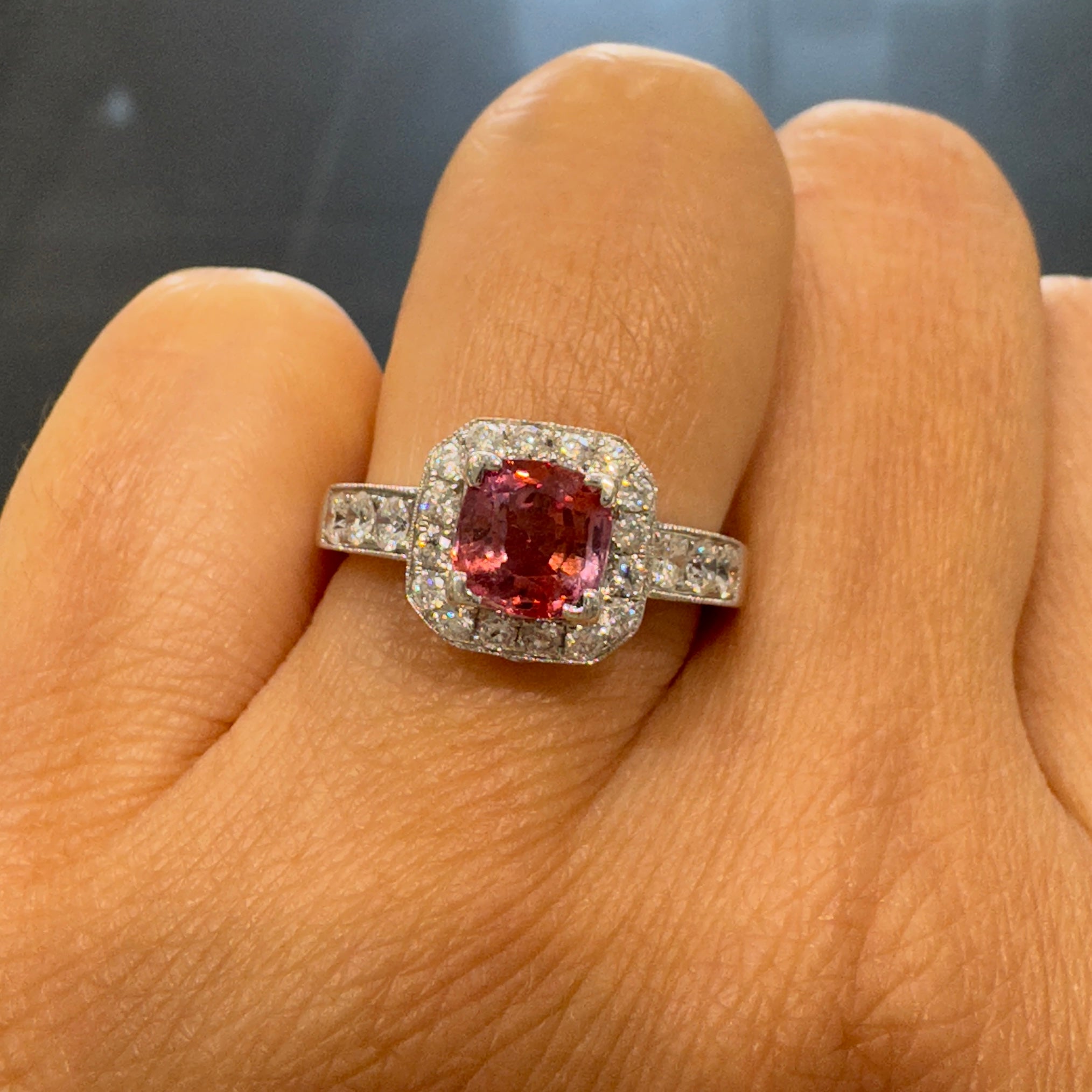 Orange sapphire ring with diamonds in 14K white gold