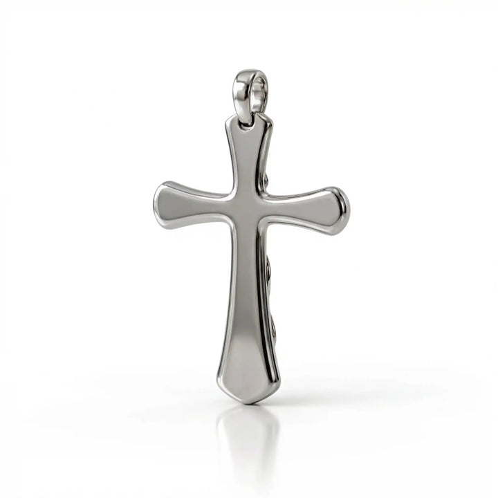 Vine cross pendant with engraved leaf detail displayed on white background.