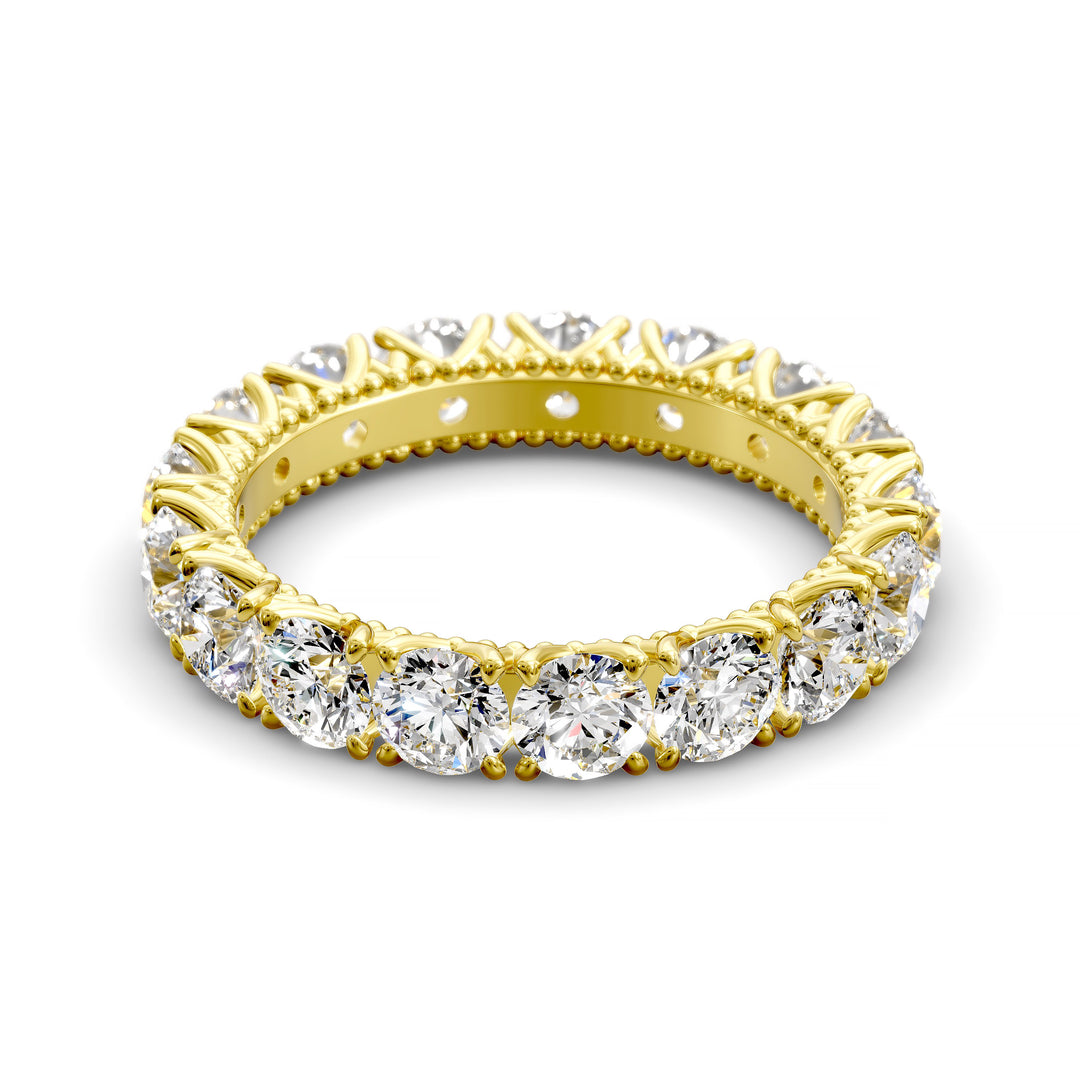 Vintage-inspired eternity band with round cut diamonds and intricate scalloped setting