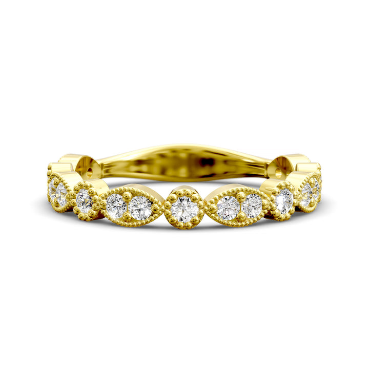 Vintage marquise-shaped diamond wedding band with milgrain detail in gold and platinum options