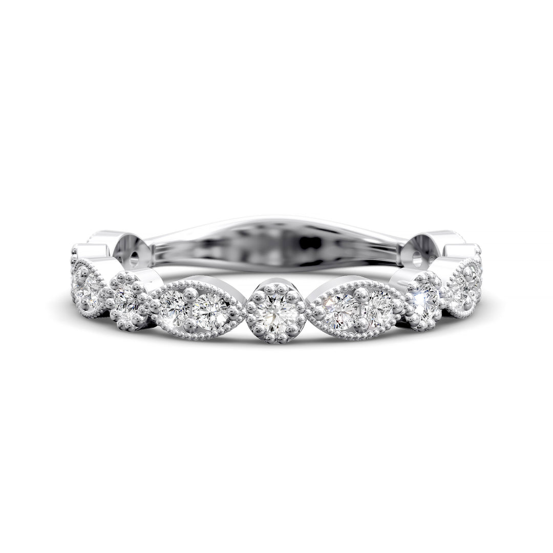 Vintage marquise-shaped diamond wedding band with milgrain detail in gold and platinum options
