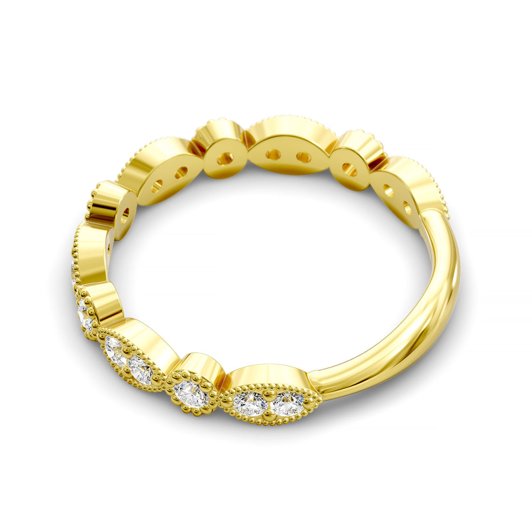 Vintage marquise-shaped diamond wedding band with milgrain detail in gold and platinum options