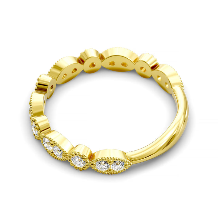 Vintage marquise-shaped diamond wedding band with milgrain detail in gold and platinum options