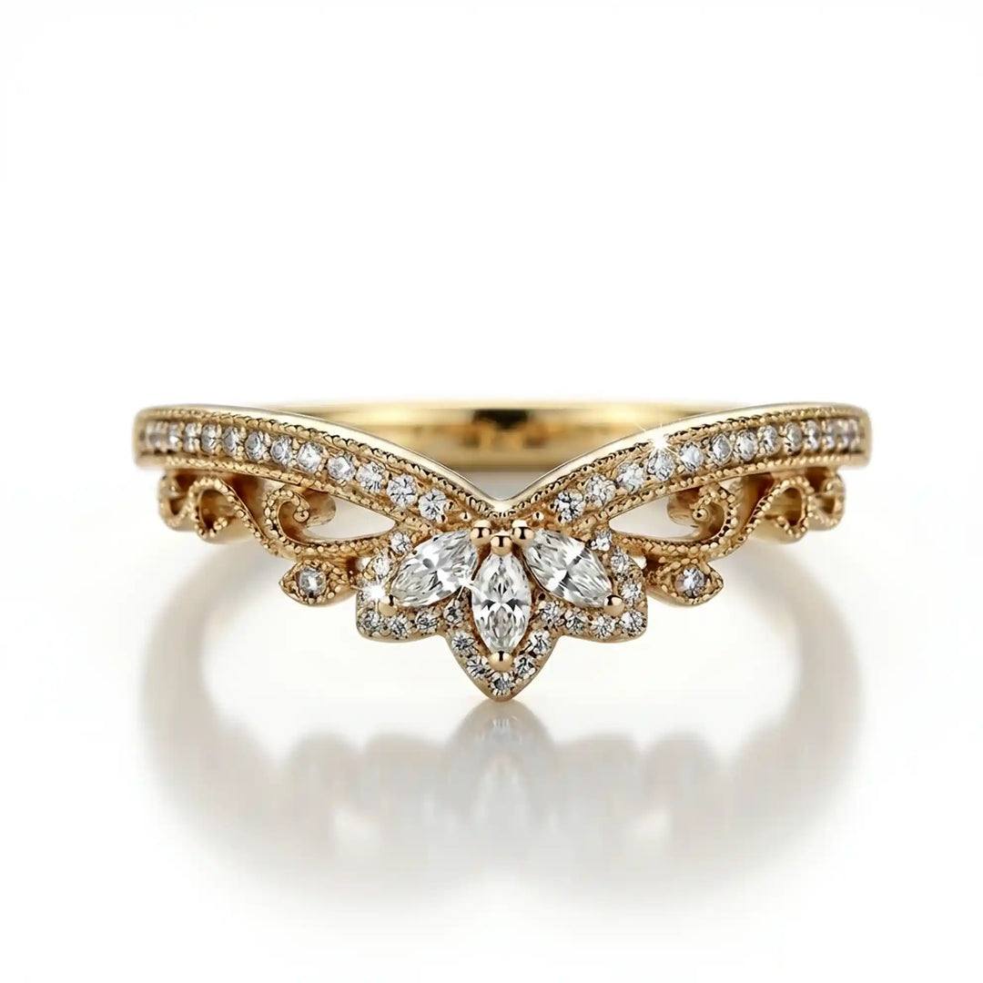 Vintage marquise floral lab-grown diamond wedding band with pavé accents on white background.