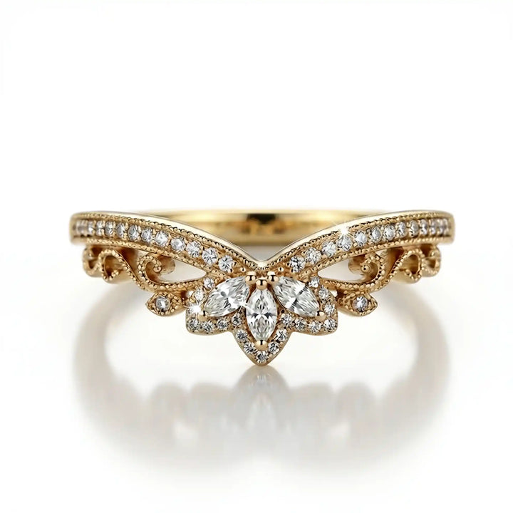 Vintage marquise floral lab-grown diamond wedding band with pavé accents on white background.