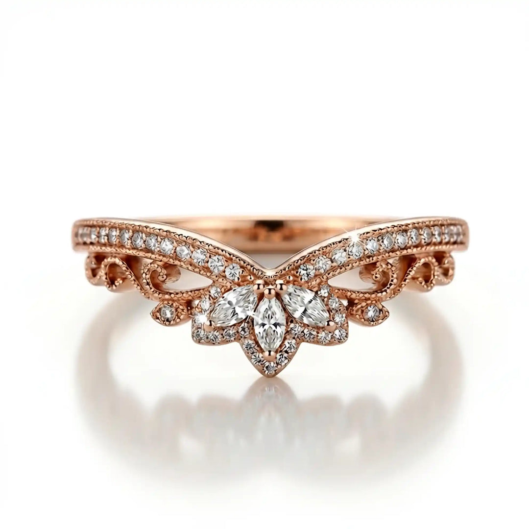 Vintage marquise floral lab-grown diamond wedding band with pavé accents on white background.
