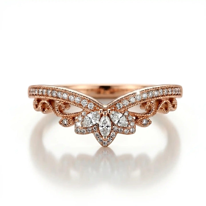 Vintage marquise floral lab-grown diamond wedding band with pavé accents on white background.