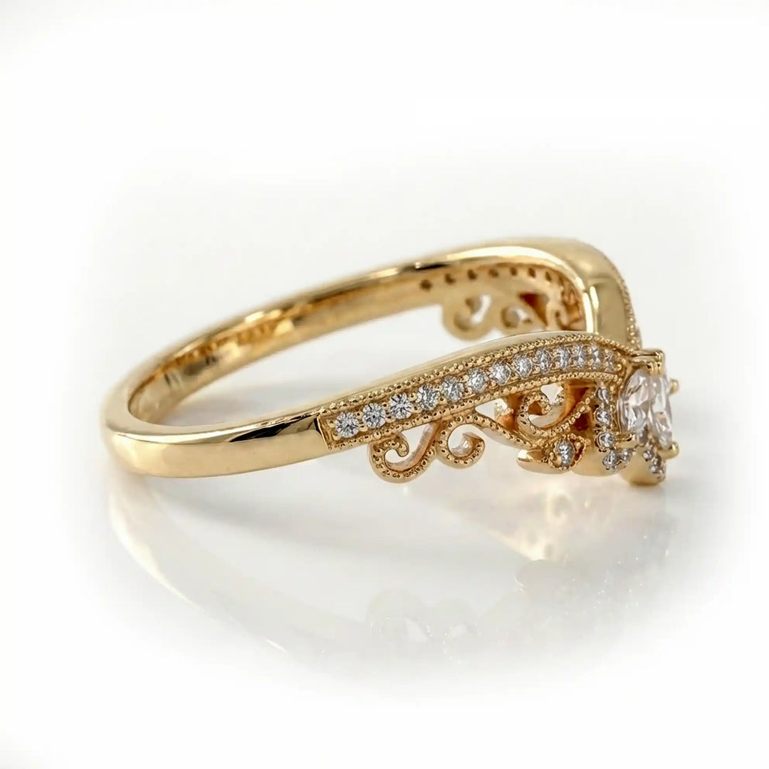 Vintage marquise floral lab-grown diamond wedding band with pavé accents on white background.