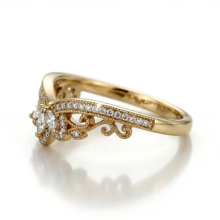 Vintage marquise floral lab-grown diamond wedding band with pavé accents on white background.
