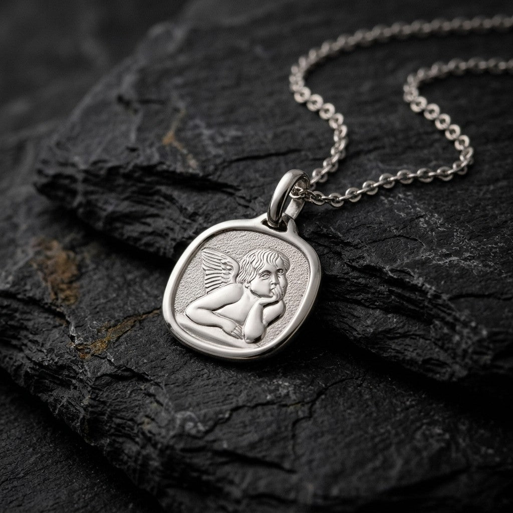 White gold cushion-shaped angel medal pendant with a raised Raphael cherub in relief on a stippled background, 14.6 mm, on a white gold chain resting on dark slate stone