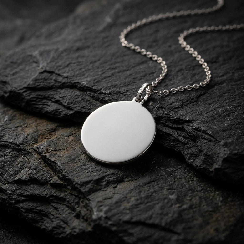 White gold polished round tag pendant, 18 mm diameter, 0.5 mm thick, on a white gold chain resting on dark slate stone