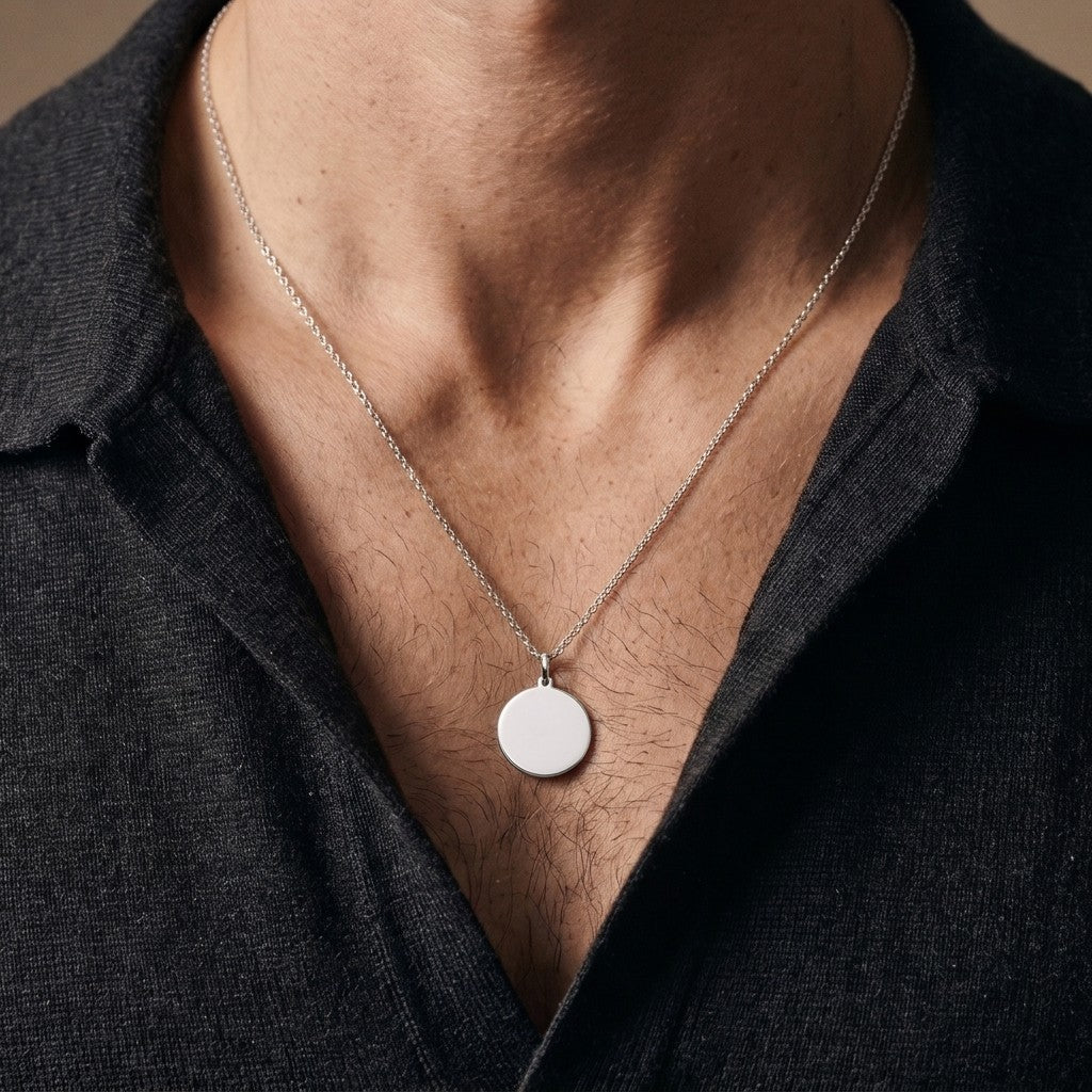 White gold polished round tag pendant, 18 mm diameter, 0.5 mm thick, worn by a man on a 22 inch chain