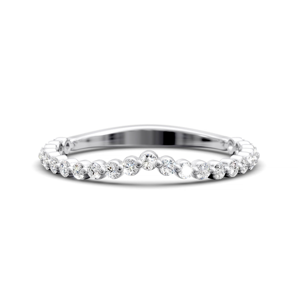 V-shaped gold diamond band with shared prong round stones in a wishbone contour