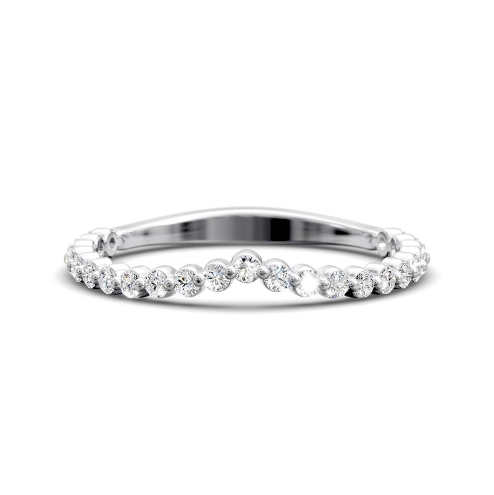 V-shaped gold diamond band with shared prong round stones in a wishbone contour