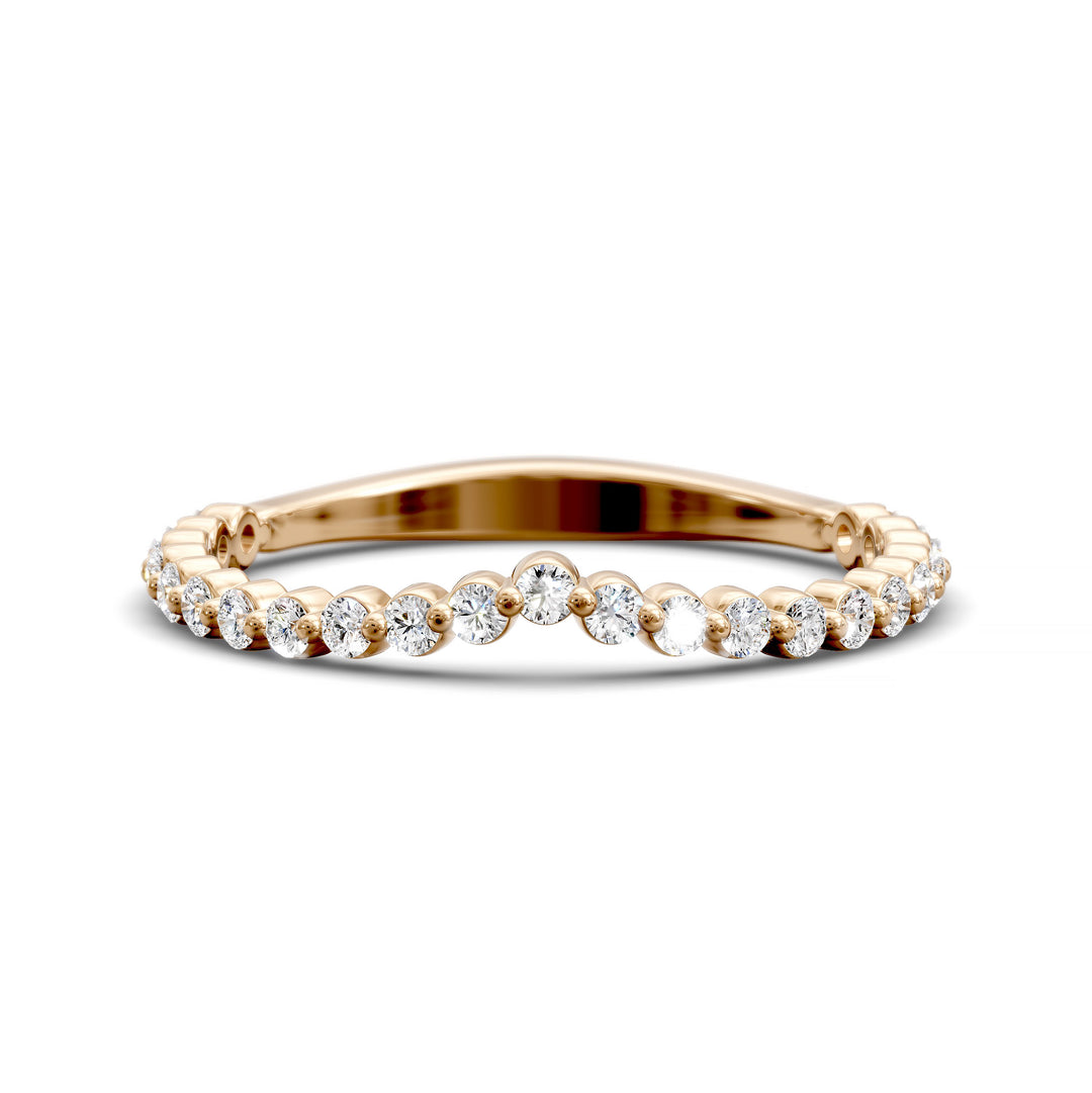 V-shaped gold diamond band with shared prong round stones in a wishbone contour