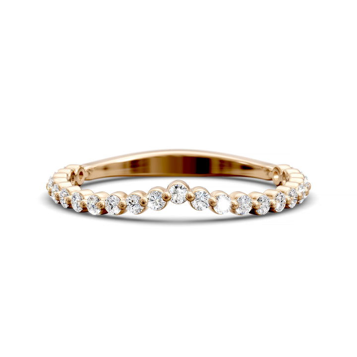 V-shaped gold diamond band with shared prong round stones in a wishbone contour