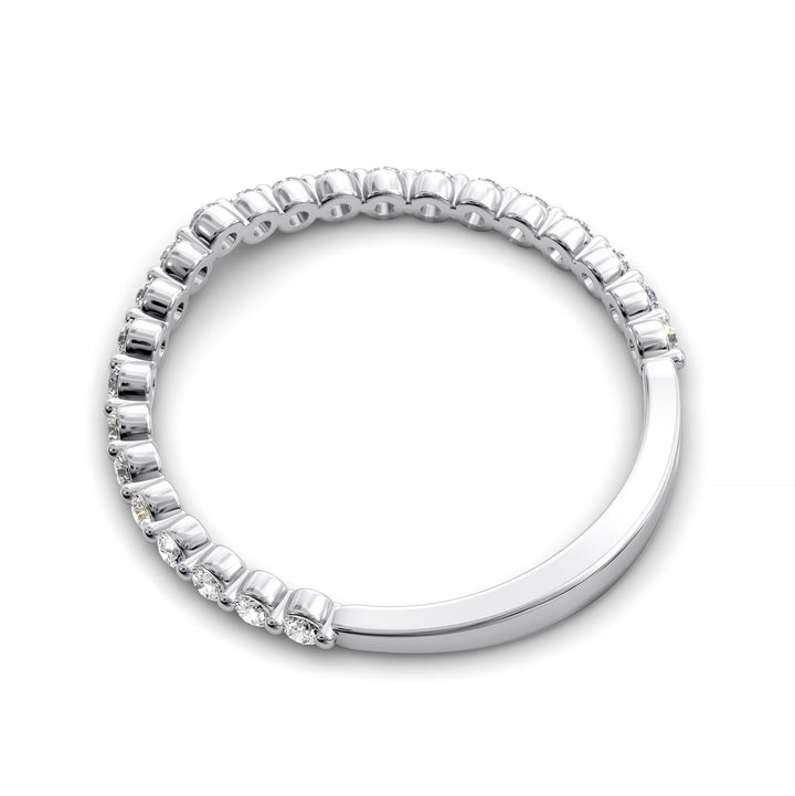 V-shaped gold diamond band with shared prong round stones in a wishbone contour