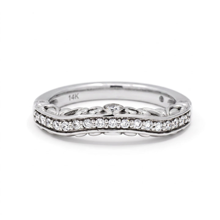 Vintage contour diamond wedding band in 14k white gold, front view