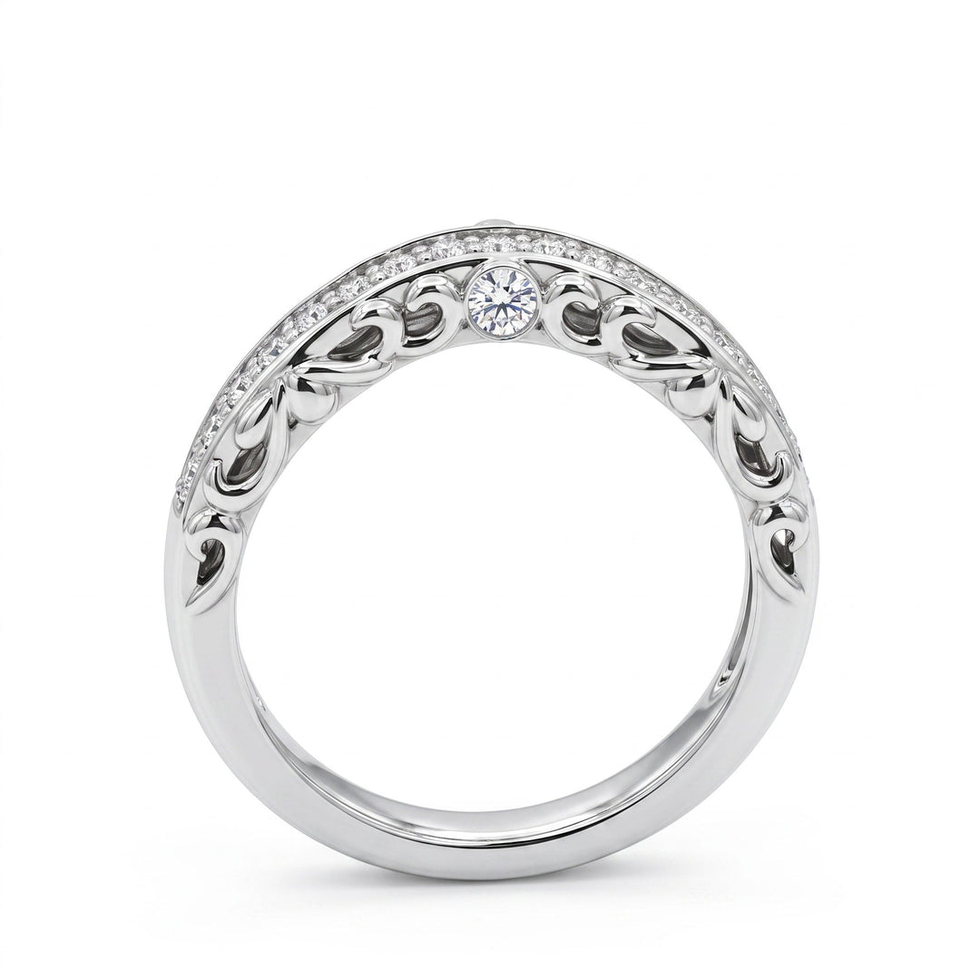 Profile of vintage contour diamond wedding band in 14k white gold with side bezels