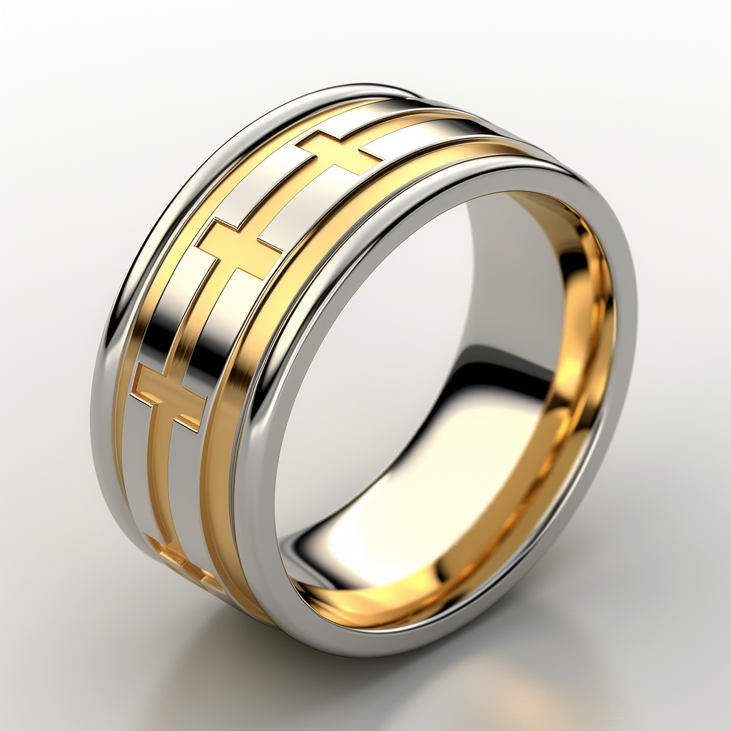 Close-up of a custom-designed men's 14k gold wedding band with a chic and contemporary design.