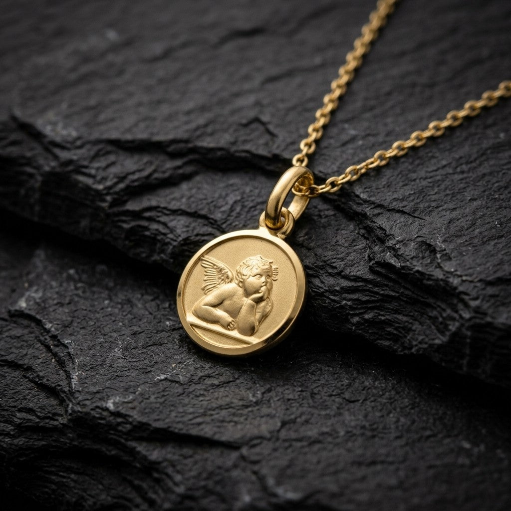 Yellow gold round angel medal pendant with a raised Raphael cherub in relief, 8 mm, on a yellow gold chain resting on dark slate stone