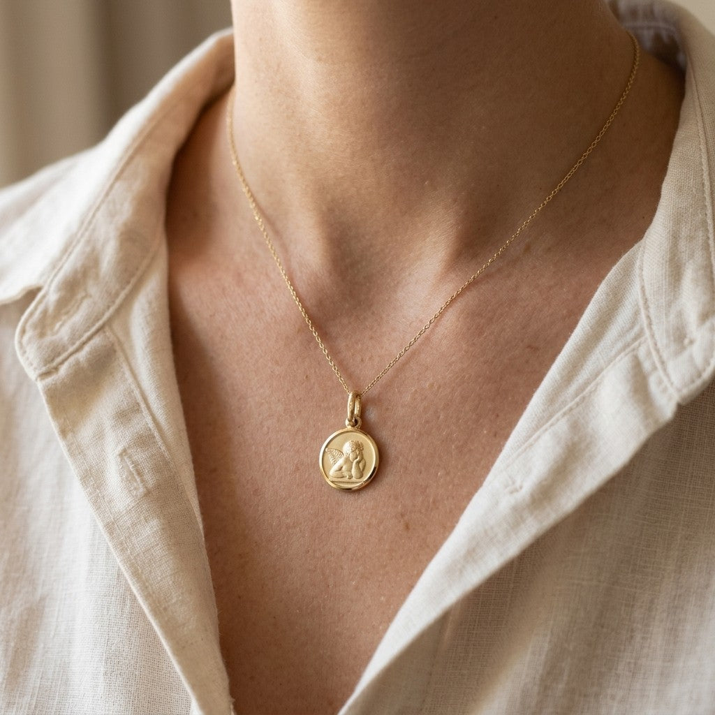 Yellow Gold Angel Medal worn on a model's neck on a fine chain