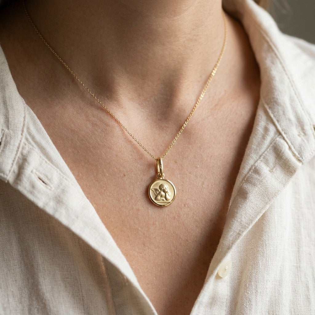 Yellow Gold Angel Medal worn on a model's neck on a fine chain