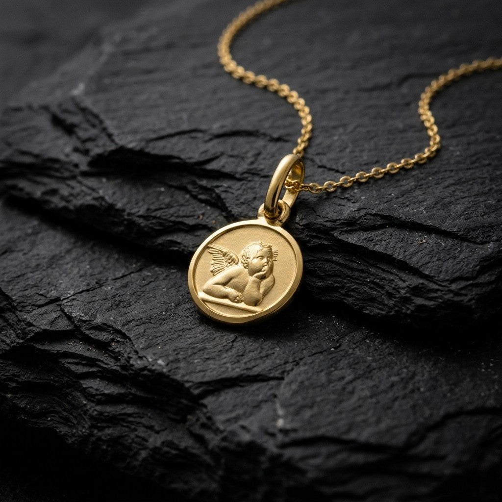 Yellow gold round angel medal pendant with a raised Raphael cherub in relief, 10 mm, on a yellow gold chain resting on dark slate stone