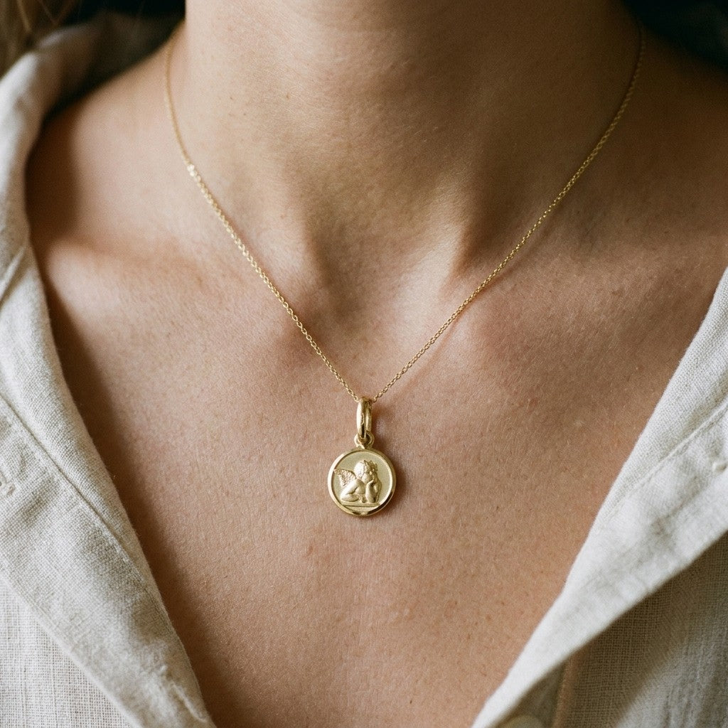 Yellow gold round angel medal pendant with a raised Raphael cherub in relief, 12 mm, worn by a boy on a fine yellow gold chain