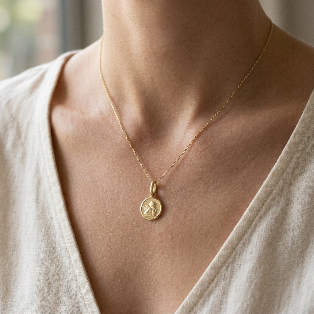 Yellow gold round angel medal pendant with a raised Raphael cherub in relief, 12 mm, worn by a girl on a fine yellow gold chain