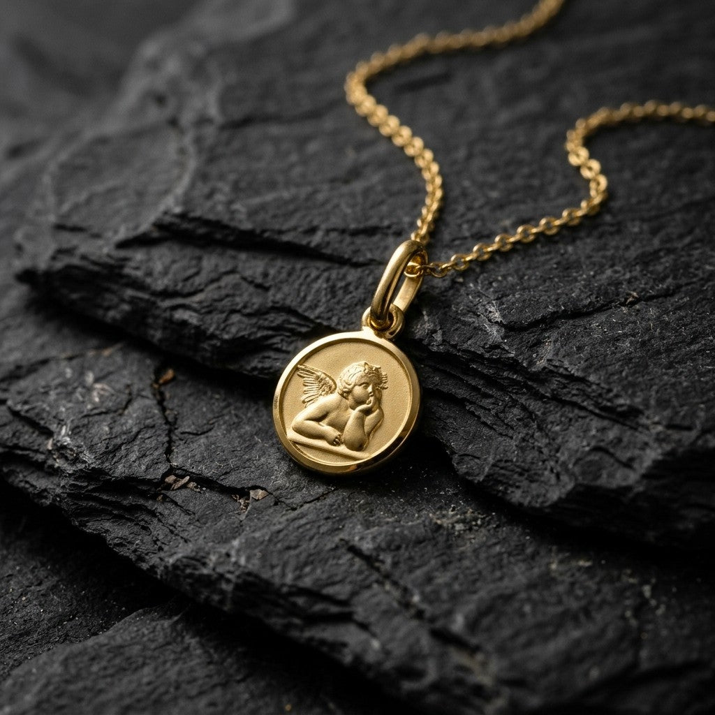 Yellow gold round angel medal pendant with a raised Raphael cherub in relief, 14 mm, on a yellow gold chain resting on dark slate stone