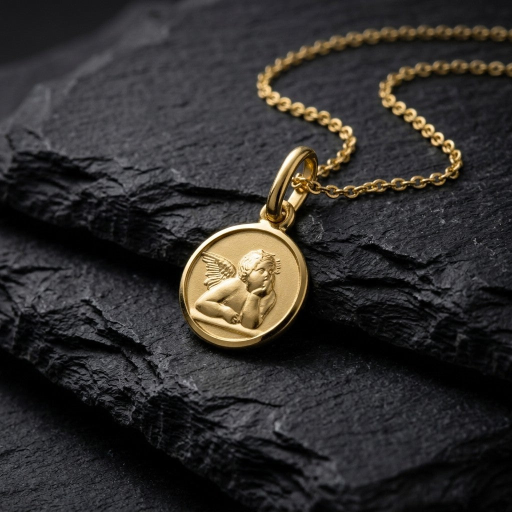 Yellow gold round angel medal pendant with a raised Raphael cherub in relief, 16 mm, on a yellow gold chain resting on dark slate stone