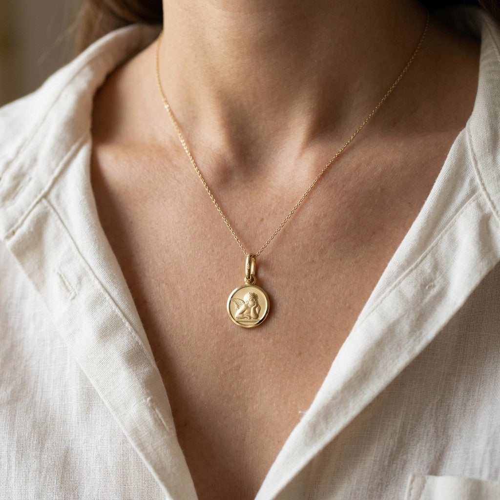 Yellow gold round angel medal pendant with a raised Raphael cherub in relief, 16 mm, worn by a girl on a fine yellow gold chain