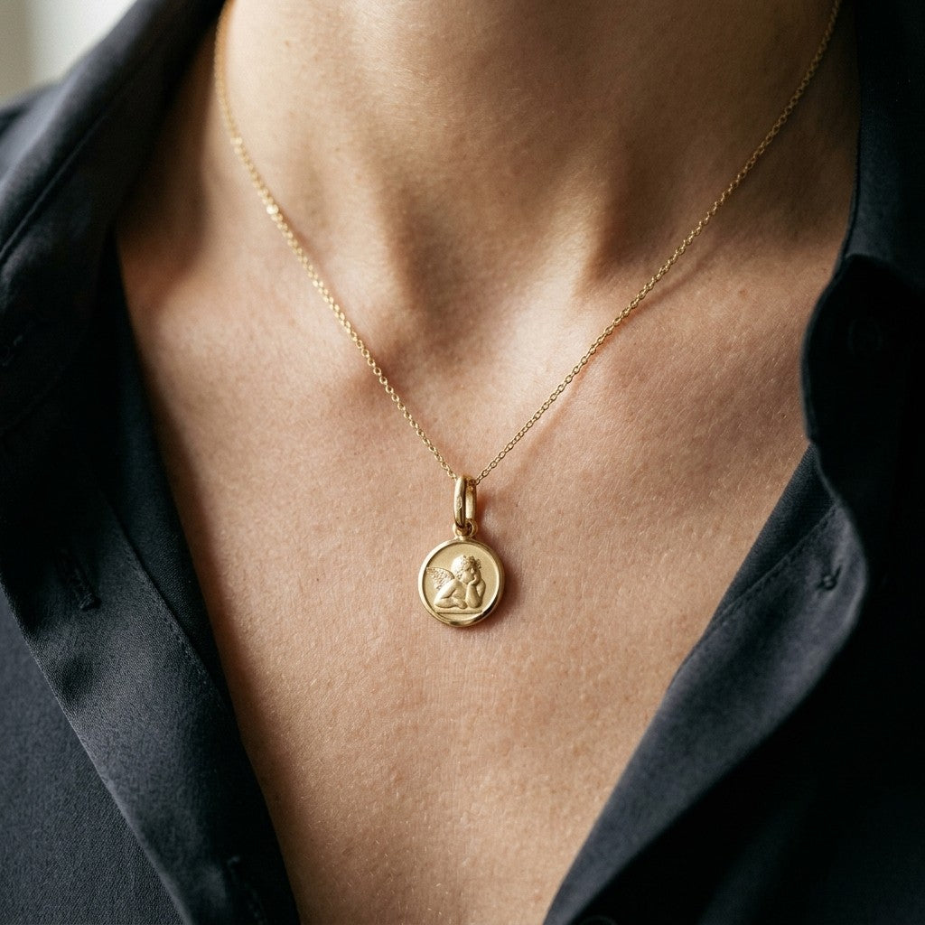Yellow gold round angel medal pendant with a raised Raphael cherub in relief, 16 mm, worn by a woman on a fine yellow gold chain