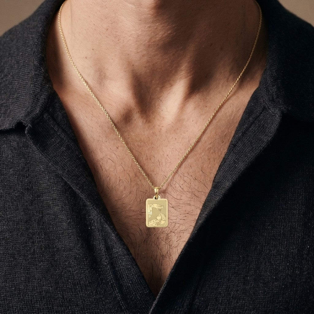 Yellow gold rectangular baptism medal pendant with rounded corners and a fine engraved scene of a hand pouring water over a sleeping infant beside a priest's stole with crosses, 15 mm wide, worn by a man on a fine yellow gold chain