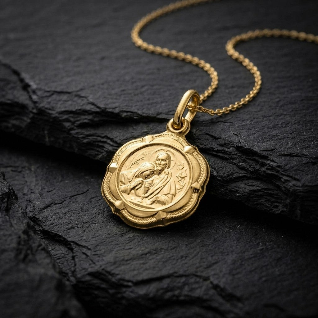 Yellow gold four-lobed communion medal pendant with a braided rim and four corner studs around a round centre of Jesus with a halo offering the communion host to a kneeling child, with wheat ears on the left and grapes on the right, 14 mm wide, on a yellow gold chain resting on dark slate stone