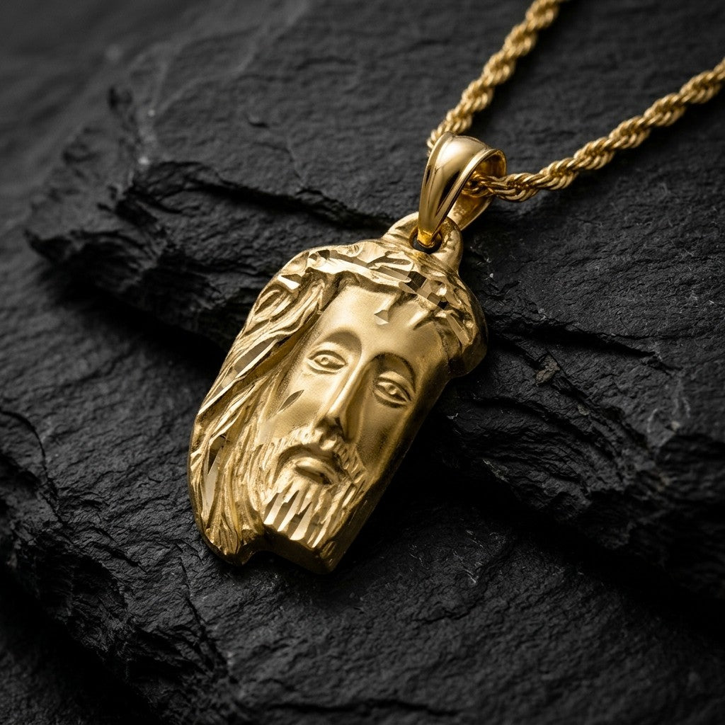 Yellow gold Jesus head pendant with a crown of thorns, flowing hair and a diamond-cut beard, 14.8 mm wide and 22.5 mm tall, on a yellow gold chain resting on dark slate stone
