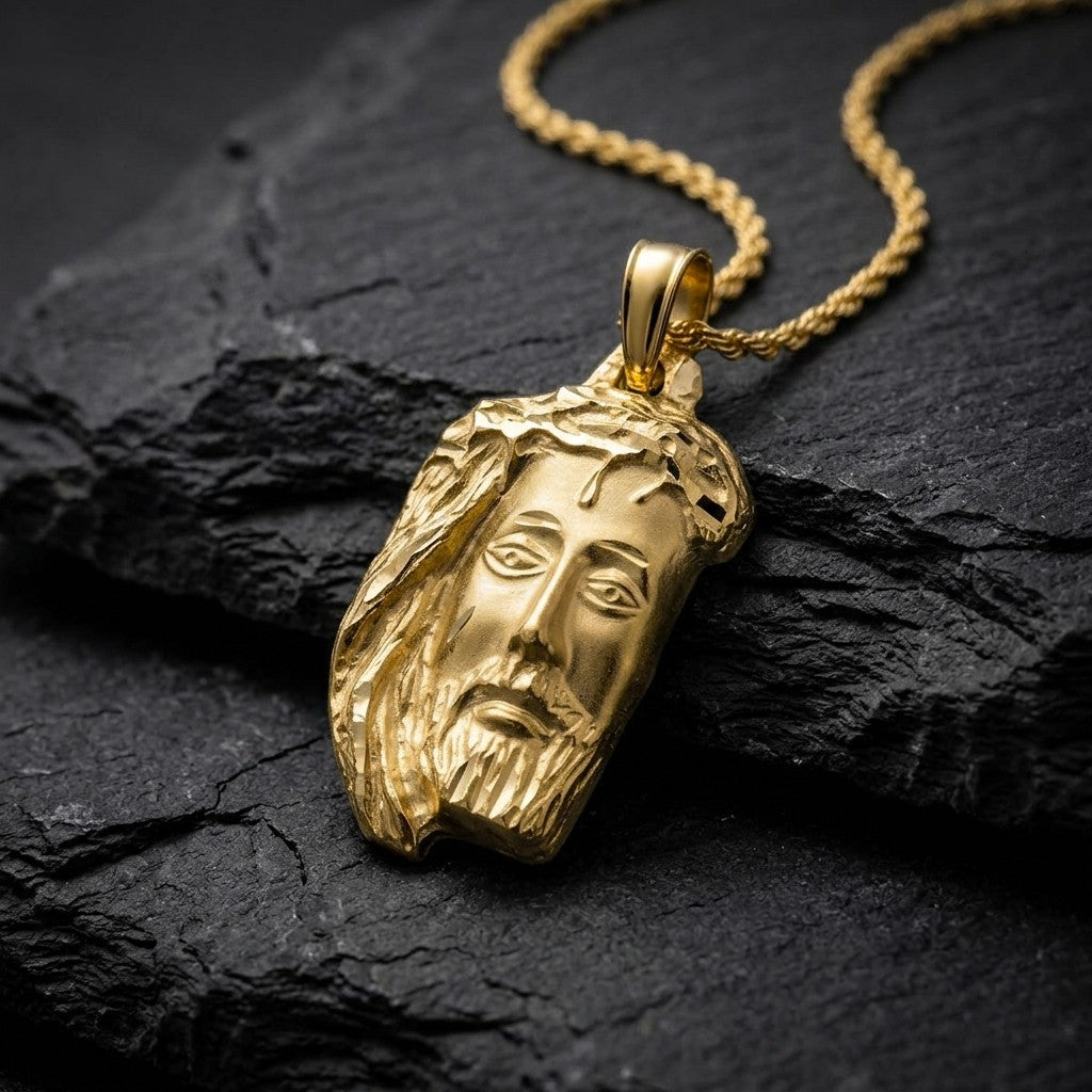 Yellow gold Jesus head pendant with a crown of thorns, flowing hair and a diamond-cut beard, 18.5 mm wide and 28 mm tall, on a yellow gold chain resting on dark slate stone