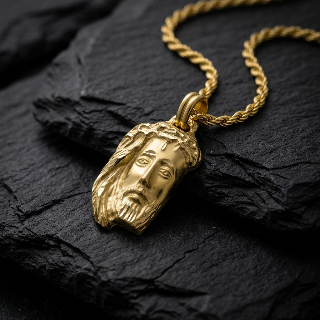 Yellow gold Jesus head pendant with a crown of thorns, flowing hair and a diamond-cut beard, 21.5 mm wide and 33.1 mm tall, on a yellow gold chain resting on dark slate stone