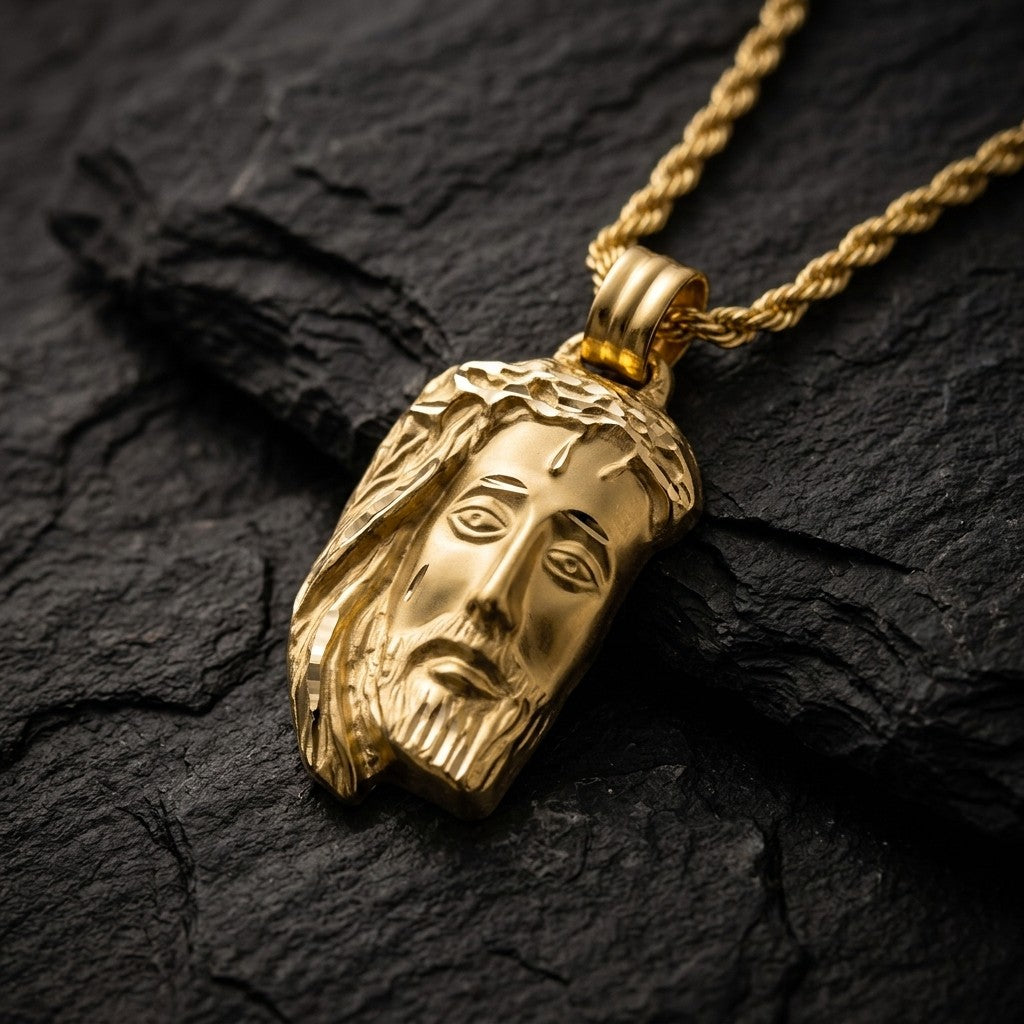 Yellow gold Jesus head pendant with a crown of thorns, flowing hair and a diamond-cut beard, 25.8 mm wide and 39.4 mm tall, on a yellow gold chain resting on dark slate stone