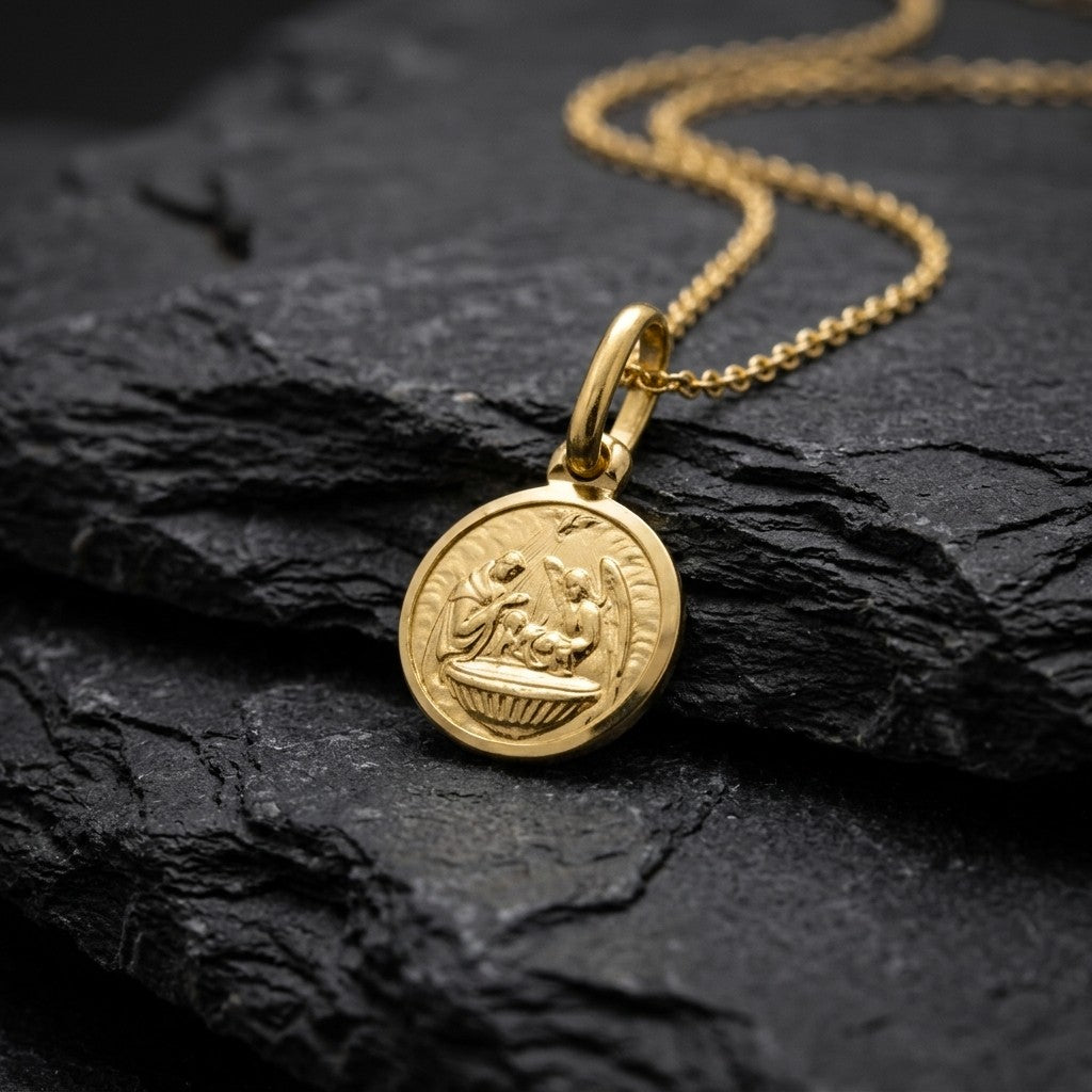 Yellow gold round baptism medal pendant with a raised baptism scene of a priest, an angel and an infant at a fluted font, 8 mm, on a yellow gold chain resting on dark slate stone