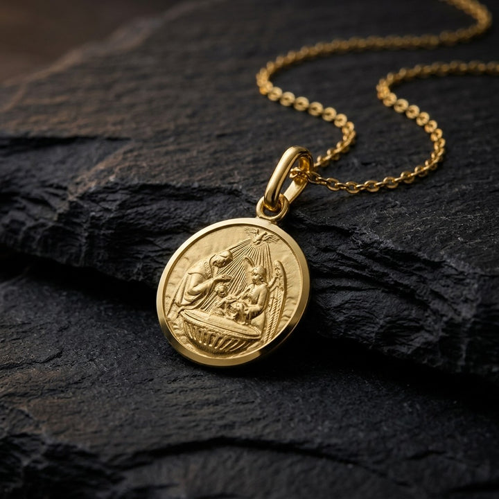 Yellow gold round baptism medal pendant with a raised priest, angel and infant at the font scene and a smooth polished rim, 12 mm, on a yellow gold chain resting on dark slate stone
