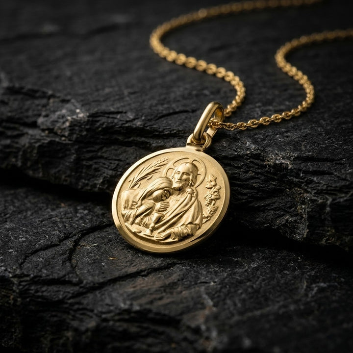 Yellow gold round communion medal pendant with a raised polished rim around a satin field of Jesus with a halo offering the communion host to a kneeling child, with wheat ears on the left and grapes on the right, 12 mm wide, on a yellow gold chain resting on dark slate stone