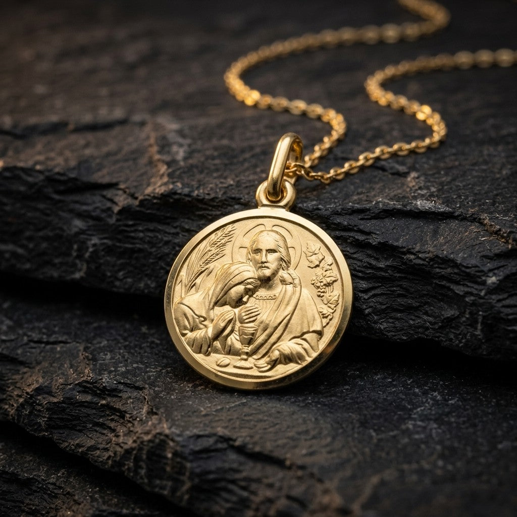 Yellow gold round communion medal pendant with a raised polished rim around a satin field of Jesus with a halo offering the communion host to a kneeling child, with wheat ears on the left and grapes on the right, 16 mm wide, on a yellow gold chain resting on dark slate stone